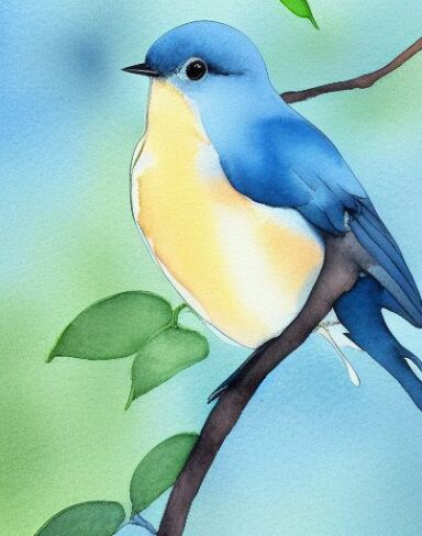 A watercolor painting of a blue bird sitting on a branch inspired by Paul Bird