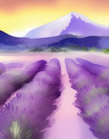 A watercolor painting of a field of lavender with a mountain in the background at night time