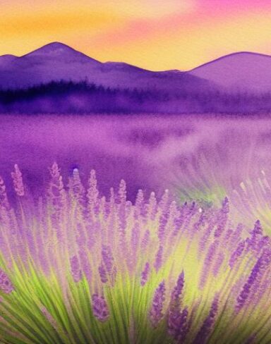 A watercolor painting of a field of lavender with a mountain in the background at sunset