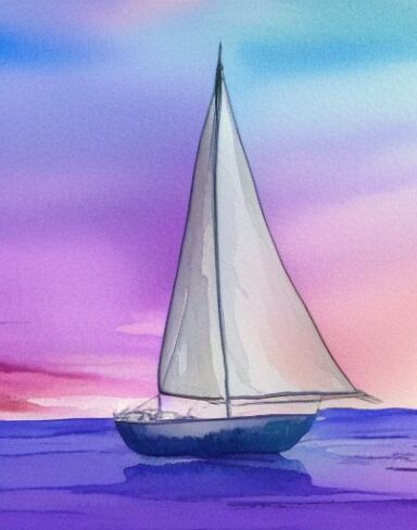 A watercolor painting of a sailboat in the ocean at sunset with a purple sky and sunlight beams