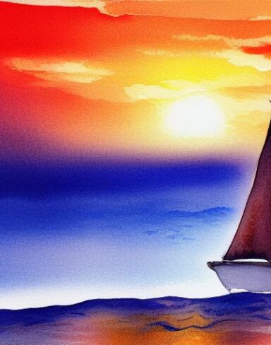 A watercolor painting of a sailboat in the ocean at sunset with big sea waves