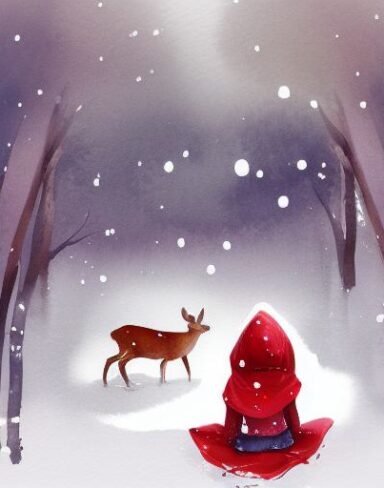 A watercolor painting of little girl with red hood facing backward sitting next to a deer in the snow