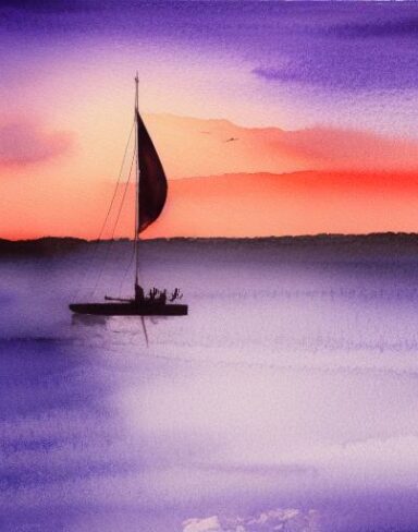 A watercolor painting of of a man standing on a sailboat in the ocean at sunset with a serene purple sky