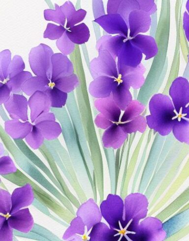 A watercolor painting of violet flowers on a white background by Sydney Carline
