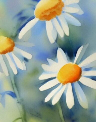A watercolor painting of white daisies