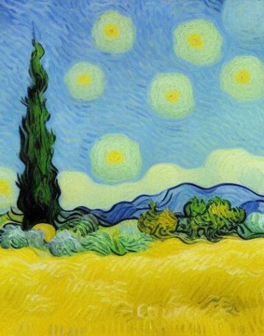 A wheatfield with cypress trees painting