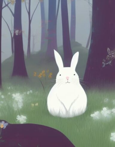 A white rabbit sitting in the middle of a forest
