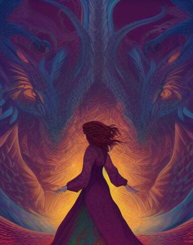 A woman that is standing on the right hand side of a dragon