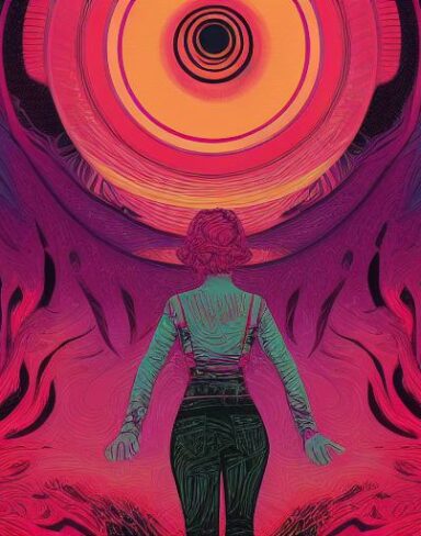 A woman that is walking with a monster