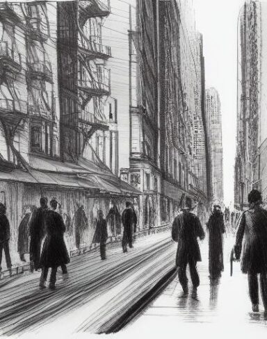 An art painting of people walking down a city street