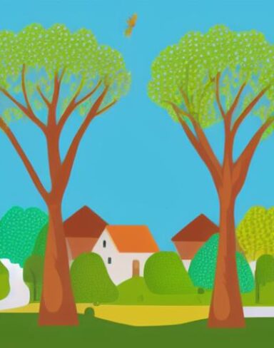 An illustration of a village with trees in the background