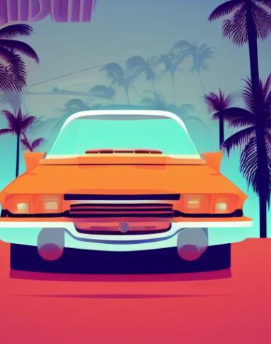 An orange car with palm trees