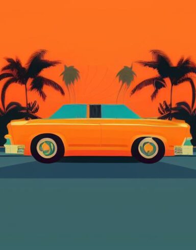 An orange car with palm trees