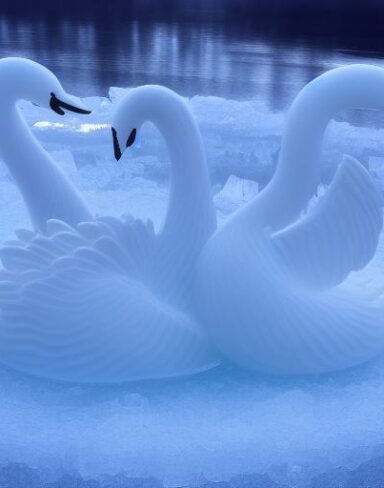 An tranquil ice sculpture of two flowing ice-made swans on a wave