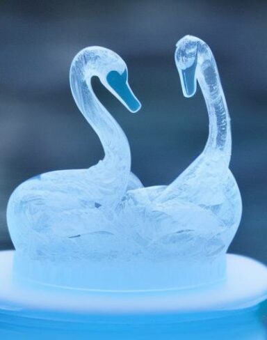 An tranquil ice sculpture of two sparkling ice-made swans on a wave