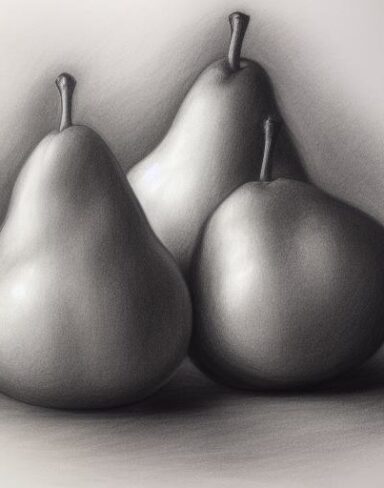 Art drawing of a pear and an apple on a table
