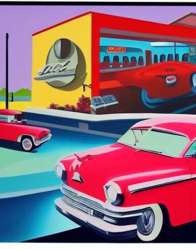 Art painting of a car parked in front of a restaurant