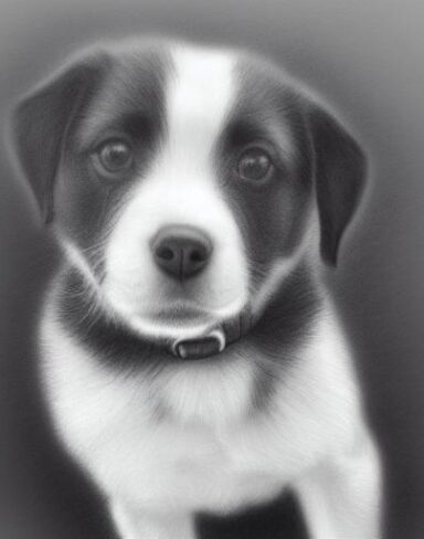 Black and white charcoal drawing of a puppy