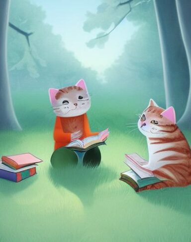 Cat reading book in the woods