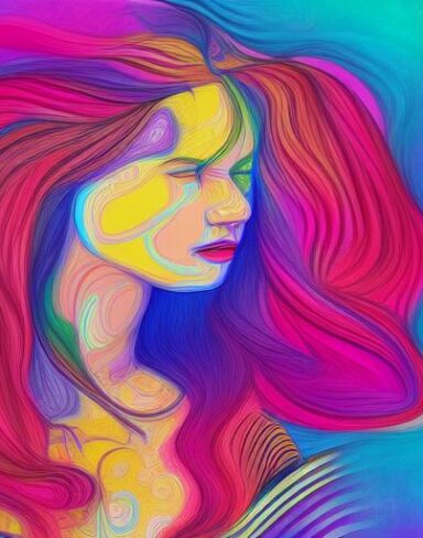 Colorful painting of a woman with long hair