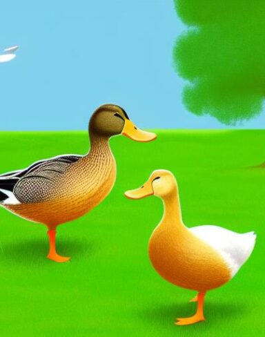 Couple of ducks standing on grass field