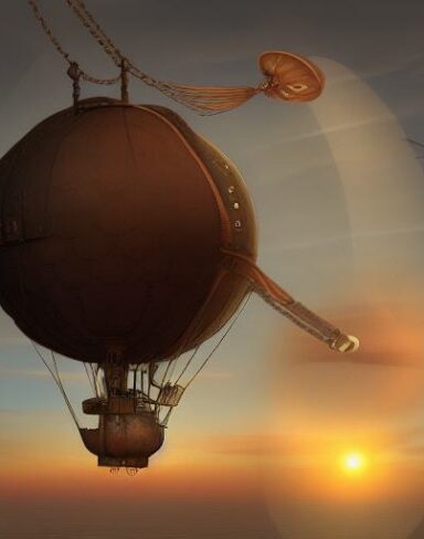 Detail steampunk art of a mechanical airship flying in the sunset