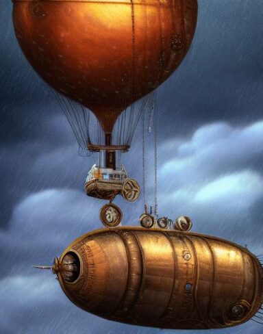 Detail steampunk art of a mechanical airship flying in the thunderstorm and raining