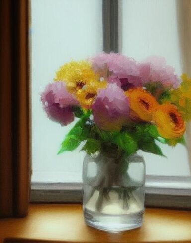 Drawing of flowers in a vase on a window sill