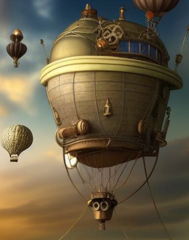 Fantasy detail steampunk art of a mechanical airship flying in the blue sky