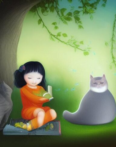 Girl sitting next to a cat