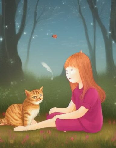 Girl sitting on the ground next to a cat