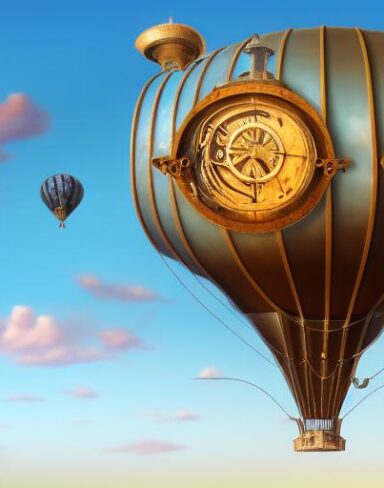 Joyful detail steampunk art of a mechanical airship flying in the blue sky