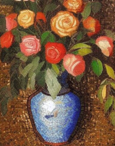 Mosaic of roses in a vase inspired by Mikhail Vrubel