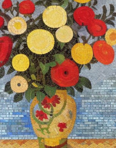 Mosaic of roses in one vase inspired by Mikhail Vrubel