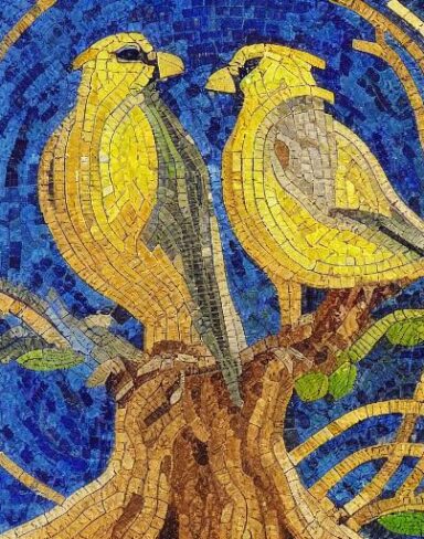 Mosaic of two birds sitting on top of a tree branch