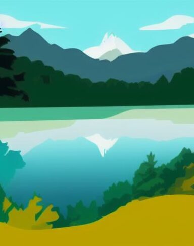 Mountain landscape with pine trees and a lake in the foreground