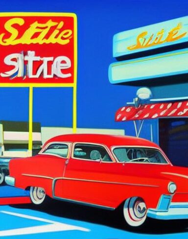 Painting of a car parked in front of a starlite diner