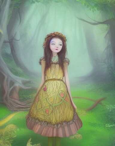 Painting of a girl standing in a forest