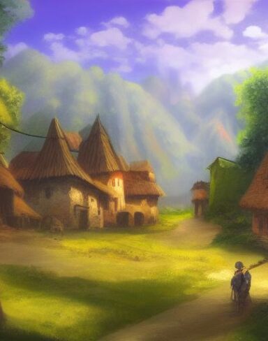 Painting of a the village in the mountain