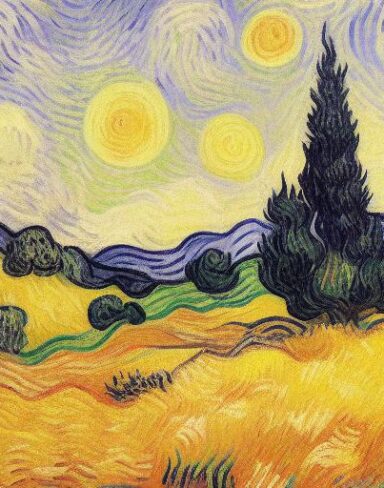 Painting of a wheatfield with cypress trees