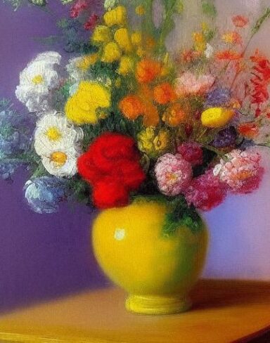 Painting of various flowers in a vase on a table