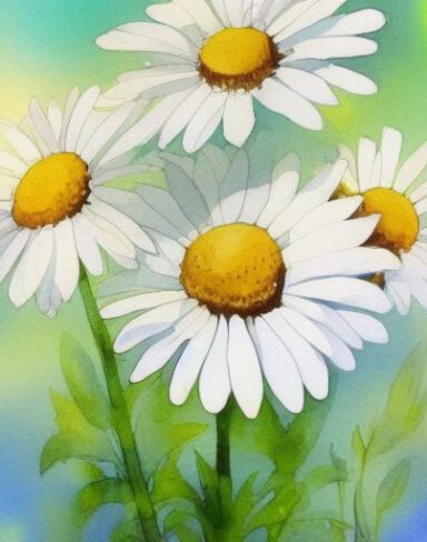 Painting of white daisies on a yellow background