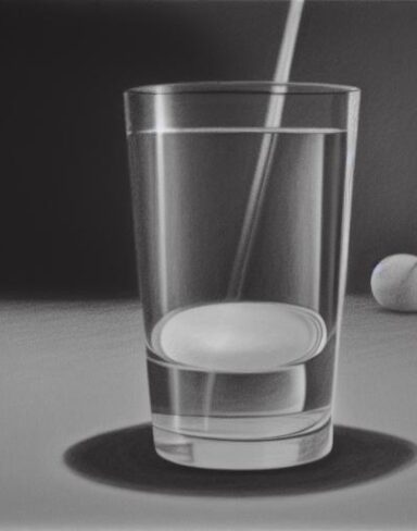 Pencil drawing of a glass of water on a table in black and white