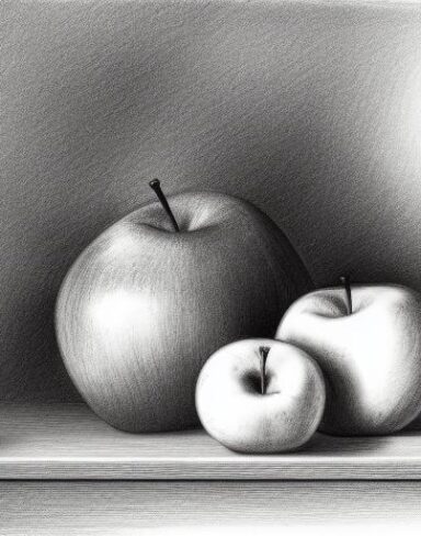 Pencil drawing of a vase and apples on table