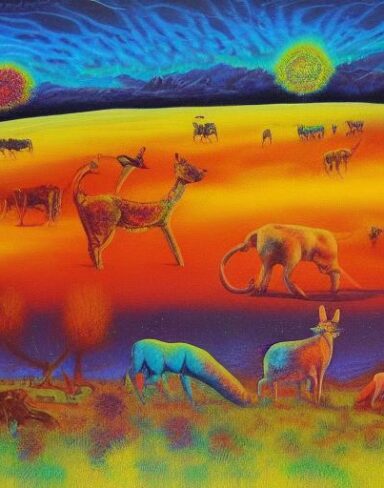 Psychedelic art painting of some animals in the field