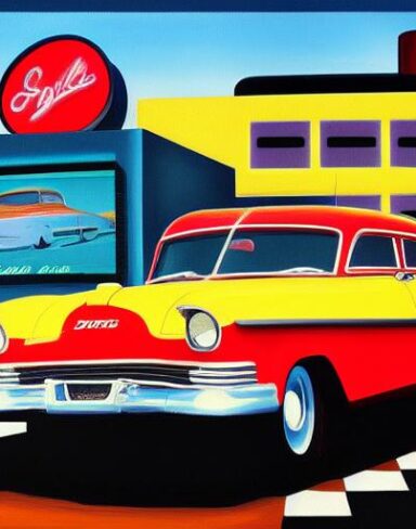 Retro painting of a car parked in front of the restaurant