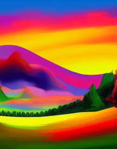 The art painting of a landscape with mountains and trees