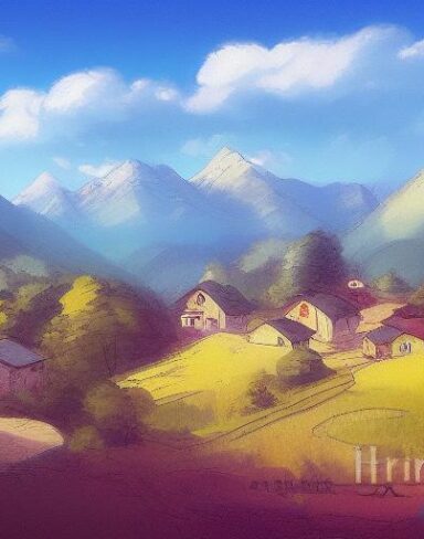 The art painting of a small village in the mountains