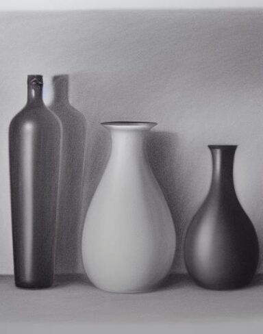 The black and white charcoal drawing of two vases and a bottle