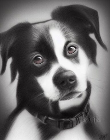 The black and white drawing of the dog